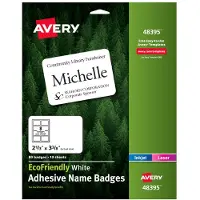 Avery umweltfreundliche Namensschilder aus Recyclingmaterial, 2-1/3" x 3-3/8" wei , abl sbarer Klebstoff, 80 bedruckbare Namensschilder (48395)