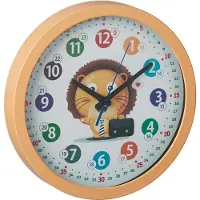 Relaxdays Wanduhr Kinder, Ø 30 cm, Kinderzimmeruhr Löwe, bunte Zahlen, Uhrzeit lernen, Lernuhr Junge & Mädchen, gelb