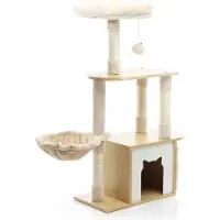 Fudajo Kratzbaum mit Holz in Beige 106 cm hoch, Katzenkratzbaum mit Katzenhaus und Liegemulde, Katzenbaum mit Sisal, Katzenmöbel mit Plüsch
