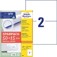 Avery Etiketten 6604, universal, ultragrip, geeignet für Inkjet- & Laserdrucker, 210 x 148 mm, 130 Stück/65 A4-Bogen, FSC-Papier, weiß