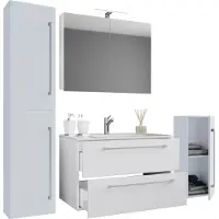 VCM 5-tlg. Set | 1 Waschtisch mit zwei Schubladen, 1 Spiegelschrank, 1 Waschbecken, 1 Midischrank, 1 Hochschrank | Keramik Waschbecken | hängend Unterschrank 60 cm | Badmöbel Set Waschplatz – Badinos