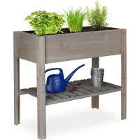 Relaxdays Hochbeet Holz, Ablagefach, Pflanzkasten Balkon, Terrasse, Garten, Kräuterbeet, HBT 80 x 88 x 43,5 cm, grau