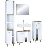 VCM 4-tlg. Badmöbelset | Badmöbel | Set aus Unterschrank, Midischrank, Hochschrank und Spiegel | Badezimmermöbel - Landos