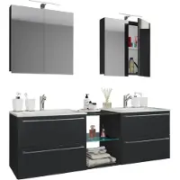 VCM 3-tlg. Set | 2 Waschtisch, 2 Spiegelschrank, 2 Waschbecken, 1 Mittelfach | Keramik Waschbecken | Unterschrank 155 cm | Badmöbel Set Doppel Waschplatz - Badinos XXL