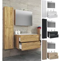 VCM 4-tlg. Waschplatz Waschtisch | Waschbecken Unterschrank Breite 60 cm | Badmöbel Set mit Schubladen Drehtüren Spiegelschrank | Badinos