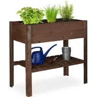 Relaxdays Hochbeet Holz, Ablagefach, Pflanzkasten Balkon, Terrasse, Garten, Kräuterbeet, HBT 80x88x43,5cm, dunkelbraun