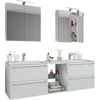 VCM 3-tlg. Set | 2 Waschtisch, 2 Spiegelschrank, 2 Waschbecken, 1 Mittelfach | Keramik Waschbecken | Unterschrank 155 cm | Badmöbel Set Doppel Waschplatz - Badinos XXL