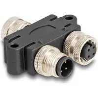 DeLOCK M12 Y-Splitter A-kodiert 4 Pin 1 x Buchse zu 1 x Stecker und 1 x Buchse Parallelschaltung, Kabelsplitter, Schwarz, Polyvinylchlorid (PVC), Männlich/Weiblich, M12, 44 mm
