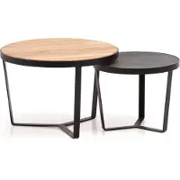 FineBuy Couchtisch 2er Set Akazie Massivholz / Steinoptik Wohnzimmertisch Braun Rund Satztisch mit Metallgestell Kaffeetisch Modern Sofatisch