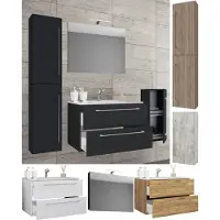 VCM 5-tlg. Set | 1 Waschtisch mit zwei Schubladen, 1 Spiegel, 1 Waschbecken, 1 Midischrank, 1 Hochschrank | Keramik Waschbecken | hängend Unterschrank 80 cm | Badmöbel Set Waschplatz – Badinos