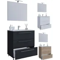 VCM 3-tlg. Waschplatz Waschtisch | Waschbecken Unterschrank Breite 80 cm | Badmöbel Set stehend mit drei Schubladen Spiegel | Badinos