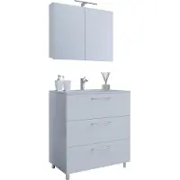 VCM 3-tlg. Waschplatz Waschtisch | Waschbecken Unterschrank Breite 80 cm | Badmöbel Set stehend mit drei Schubladen Spiegelschrank | Badinos