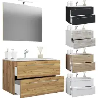 VCM 3-tlg. Waschplatz Waschtisch | Waschbecken Unterschrank Breite 80 cm | Badmöbel Set hängend mit einer Schublade Spiegel | Badinos