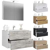 VCM 3-tlg. Waschplatz Waschtisch | Waschbecken Unterschrank Breite 80 cm | Badmöbel Set mit Schubladen Drehtüren Spiegelschrank | Badinos