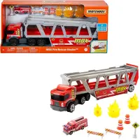 Matchbox Construction Hauler mit 1 Feuerwehrfahrzeug und 8 Zubehörteilen
