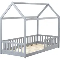 Beliani Hausbett für Kinder Grau Kiefernholz mit Rausfallschutz Lattenrost 90x200 cm Bettgestell Hausform Kinderzimmer Kinderbett Jugendbett