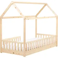 Beliani Hausbett für Kinder Hellbraun Kiefernholz mit Rausfallschutz Lattenrost 90x200 cm Bettgestell Hausform Kinderzimmer Kinderbett Jugendbett