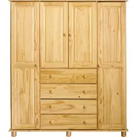 Möbilia Kleiderschrank | mit 4 Türen, 4 Schubladen | Kiefer-Holz massiv | naturfarben lackiert | B 156 x T 52 x H 177 cm | 19020073 | Serie SCHRANK