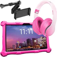 AngelTech Kindertablet XL PRO II - Android 16 - Rosa mit Kopfhörer und Tablet-Halterung