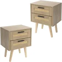 ML-Design Nachttisch 2er Set 2 Schubladen 40x50,5x30 cm Eiche Rattan Massivholzfüße Nachtschrank Schlafzimmer