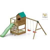 Fungoo Spielturm "Jarcas 4" KDI mit Doppelschaukel, Rutsche, Sandkasten, Holzdach und Leiter