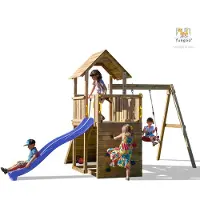 Fungoo Spielturm "Carol 3" natur mit Rutsche, Schaukel, Kletterwand, Rampe und Holzdach