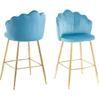 SalesFever Muschel-Barhocker | 2er-Set | Bezug Samt-Stoff | Metallgestell goldfarben | B 52 x T 54 x H 100 cm | blau