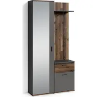 ByLiving Garderobenschrank Jakob, 97x195x30 cm, Melamin anthrazit mit Old Wood, Spiegel, mit Haken und Ablagefläche