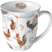 Ambiente Tasse 10cm Porzellan mit Hühner Motiv - 0,4L Keramiktasse Porzellangeschirr Kaffeetasse Teetasse Kakaotasse Bauernhof Tiere Farm Landhaus Weiß Braun