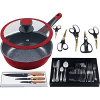 King Bratpfanne "Küchenstart" Aluminiumguss Set, Küchenmesser, Scheren, Besteck, Bratpfanne + Deckel Ø 24 cm,Induktion
