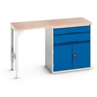 Bott Unterbauwerkbank verso, Multiplex-Platte, 2 Schubladen, 1 Tür, 1 Ablageboden, B 1500 x T 600 x H 930 mm, Lichtgrau / Enzianblau