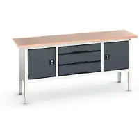Bott Kastenwerkbank verso, mit Multiplex-Platte, 3 Schubladen & 2 Türen, B 2000 x T 600 x H 830 - 930 mm, Lichtgrau RAL 7035 / Anthrazitgrau RAL 7016