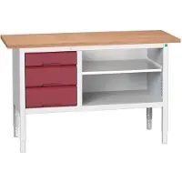 Bott Kastenwerkbank verso, Multiplex-Platte, 3 Schubladen & 1 Ablageboden, B 1500 x T 600 x H 830 - 930 mm, RAL 7035 Lichtgrau / Purpurrot