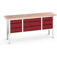 Bott Kastenwerkbank verso, mit Multiplex-Platte, 9 Schubladen, B 2000 x T 600 x H 830 - 930 mm, Lichtgrau RAL 7035 / Purpurrot RAL 3004