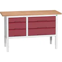 Bott Kastenwerkbank verso, mit Multiplex-Platte, 6 Schubladen, B 1500 x T 600 x H 830 - 930 mm, Lichtgrau RAL 7035/ Purpurrot RAL 3004