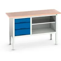 Bott Kastenwerkbank verso, Multiplex-Platte, 3 Schubladen & 1 Ablageboden, B 1500 x T 600 x H 830 - 930 mm, RAL 7035 Lichtgrau / Enzianblau