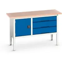 Bott Werkbank verso, bis zu 600 kg, 3 Schubladen & 1 Tür, B 1500 x T 600 x H 830 - 930 mm, Buche Multiplex, Stahl, Lichtgrau RAL 7035 / Enzianblau RAL 5010