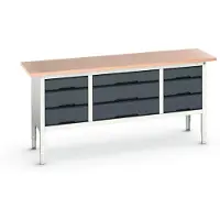Bott Kastenwerkbank verso, mit Multiplex-Platte, 9 Schubladen, B 2000 x T 600 x H 830 - 930 mm, Lichtgrau RAL 7035 /6 Anthrazitgrau RAL 701