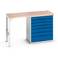 Bott Unterbauwerkbank verso, Multiplex-Platte, 7 Schubladen, B 1500 x T 600 x H 930 mm, Lichtgrau / Enzianblau