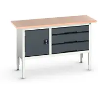 Bott Kastenwerkbank verso, mit Multiplex-Platte, 3 Schubladen & 1 Tür, B 1500 x T 600 x H 830 - 930 mm, Lichtgrau RAL 7035 / Anthrazitgrau RAL 7016