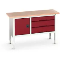 Bott Kastenwerkbank verso, mit Multiplex-Platte, 3 Schubladen & 1 Tür, B 1500 x T 600 x H 830 - 930 mm, Lichtgrau RAL 7035 / Purpurrot RAL 3004