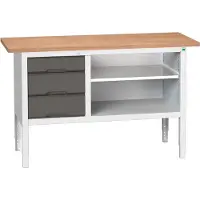 Bott Kastenwerkbank verso, Multiplex-Platte, 3 Schubladen & 1 Ablageboden, B 1500 x T 600 x H 830 - 930 mm, RAL 7035 Lichtgrau / Anthrazitgrau