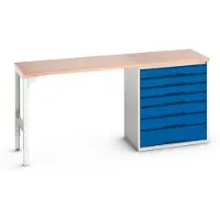 Bott Unterbauwerkbank verso, Multiplex-Platte, 7 Schubladen, B 2000 x T 600 x H 930 mm, Lichtgrau / Enzianblau