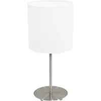 Eglo Tischlampe Pasteri, 1 flammige Textil Tischleuchte, Nachttischlampe aus Stahl und Stoff, Farbe: Nickel matt, weiß, E27, inkl. Schalter, H: 40 cm