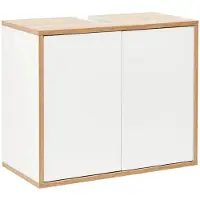 Fackelmann Waschbeckenunterschrank FINN / Badschrank mit Push-to-Open / Maße (B x H x T): ca. 60 x 50 x 30,5 cm / Schrank fürs Bad mit 2 Türen / Korpus: Weiß / Front: Weiß / Rahmendekor: Braun hell
