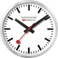 Mondaine Wanduhr Bahnhofsuhr in Silber aus gebürstetem Aluminium mit rotem Sekundenzeiger staubbeständig - Hergestellt in der Schweiz