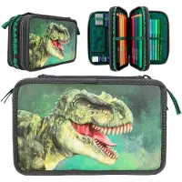 Dino World - Triple Pencil Case - Green With 3D Effect - ( 0412475 )