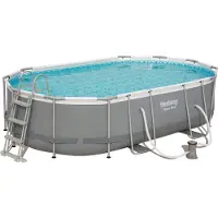 Bestway Power Steel Frame Pool Komplett-Set, oval, mit Filterpumpe, Sicherheitsleiter & Abdeckplane 488 x 305 x 107 cm, Schwimmbecken, Schwimmen, Pools