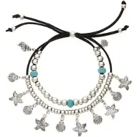 LASCANA Fußkette mit Anhänger "in Layer Look", Damen, Gr. Metallmix, bunt (schwarz, silberfarben, türkis), glänzend, Fußketten Fußkette mit Anhänger, 2 reihiges Fußkettchen mit muschelförmige Anhänger