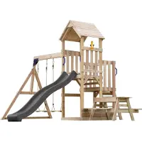 Axi Mette Spielturm aus Holz mit 2 Schaukeln | XXL Spielhaus / Spielplatz für Kinder mit Picknicktisch, Sandkasten & Rutsche, Grau | Schaukelgerüst für den Garten